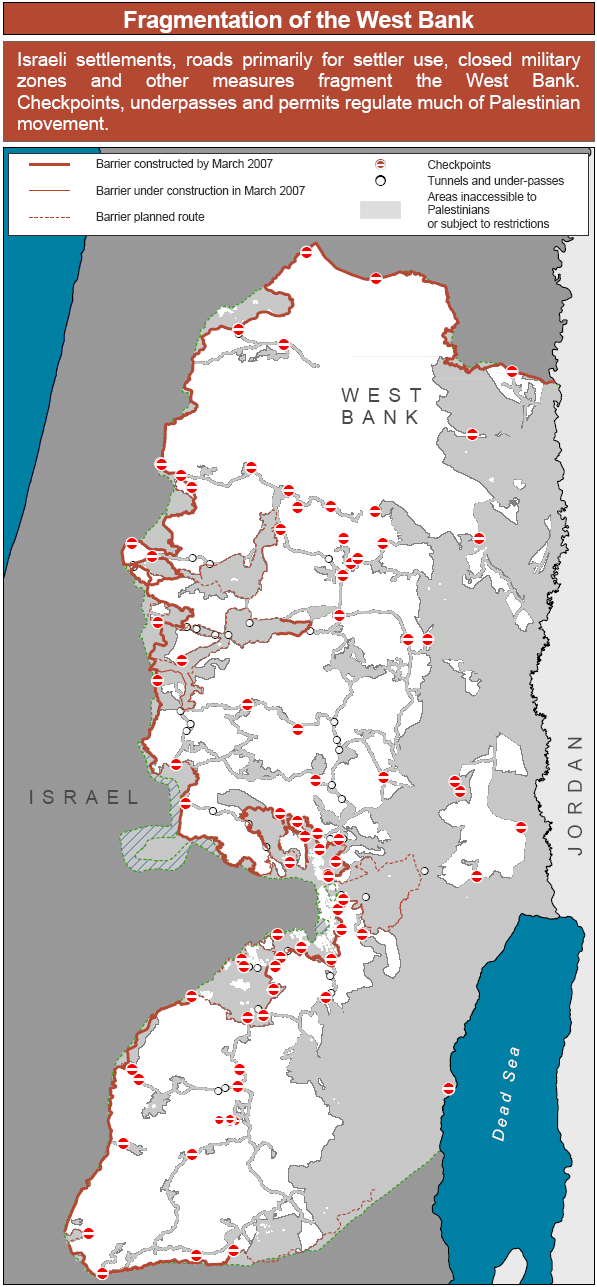 dislocazione delle riserve per Palestinesi nella Cisgiordania occupata e colonizzata